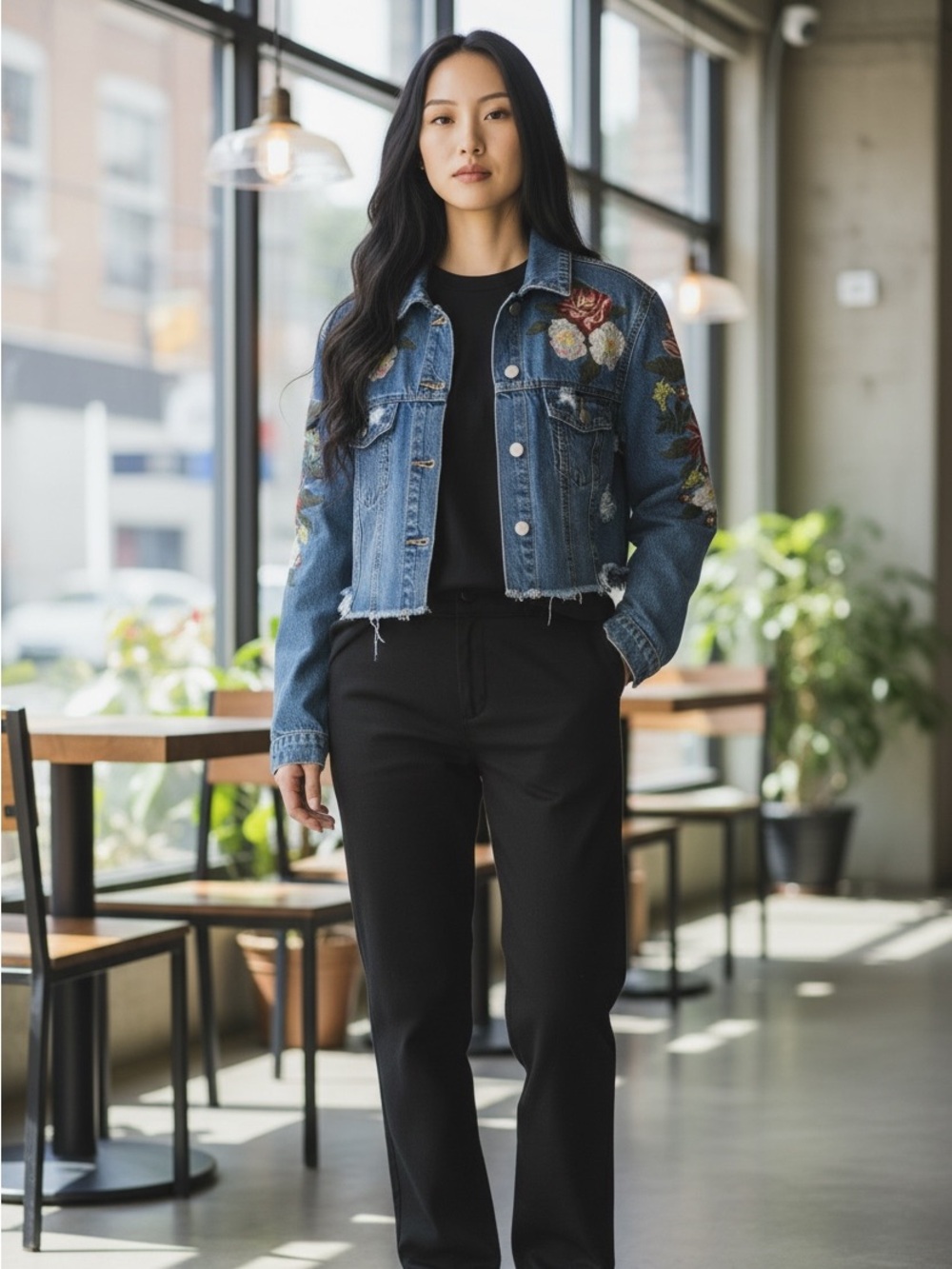 DESIGN LAB Embroidered Cropped Denim Jacket with Floral Appliqué Blue size small